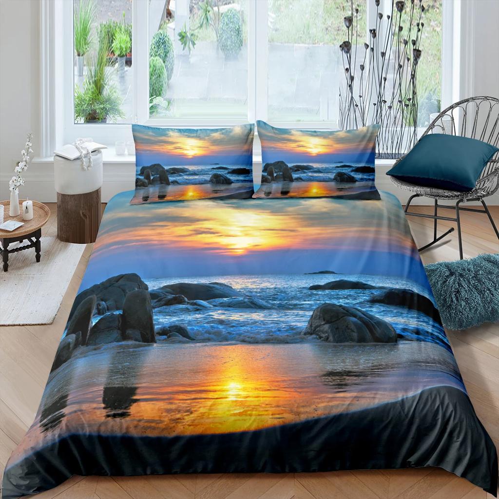 Naturlandskap King Queen Påslakan Lägereld Camping Sängkläder Set Tonåringar Vuxna Natthimmel Skogsscen Polyester Täcke