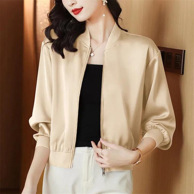 Hedvábné krátké bundy Dámské kabáty Volné saténové svrchní oblečení Jednobarevná látka Zip Baseballová bunda Jaro Podzimní oblečení Dámská bunda