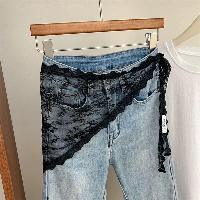 Korean Lace Embroidered Waistband Tulle Skirt with Layered Scarf Accessory