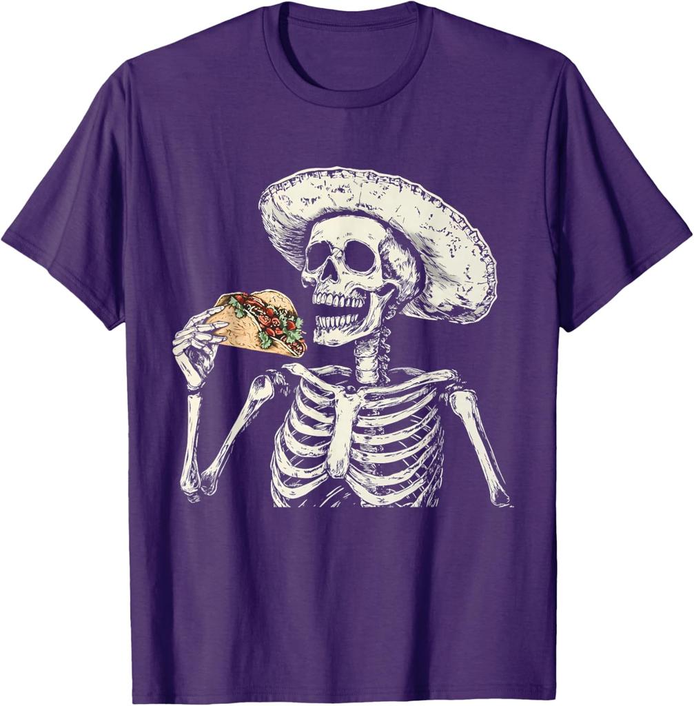 Skeleton Eating Taco Sombrero Graphic Tee Mexican Dia De Muertos Lover Casual Cotton T-Shirt