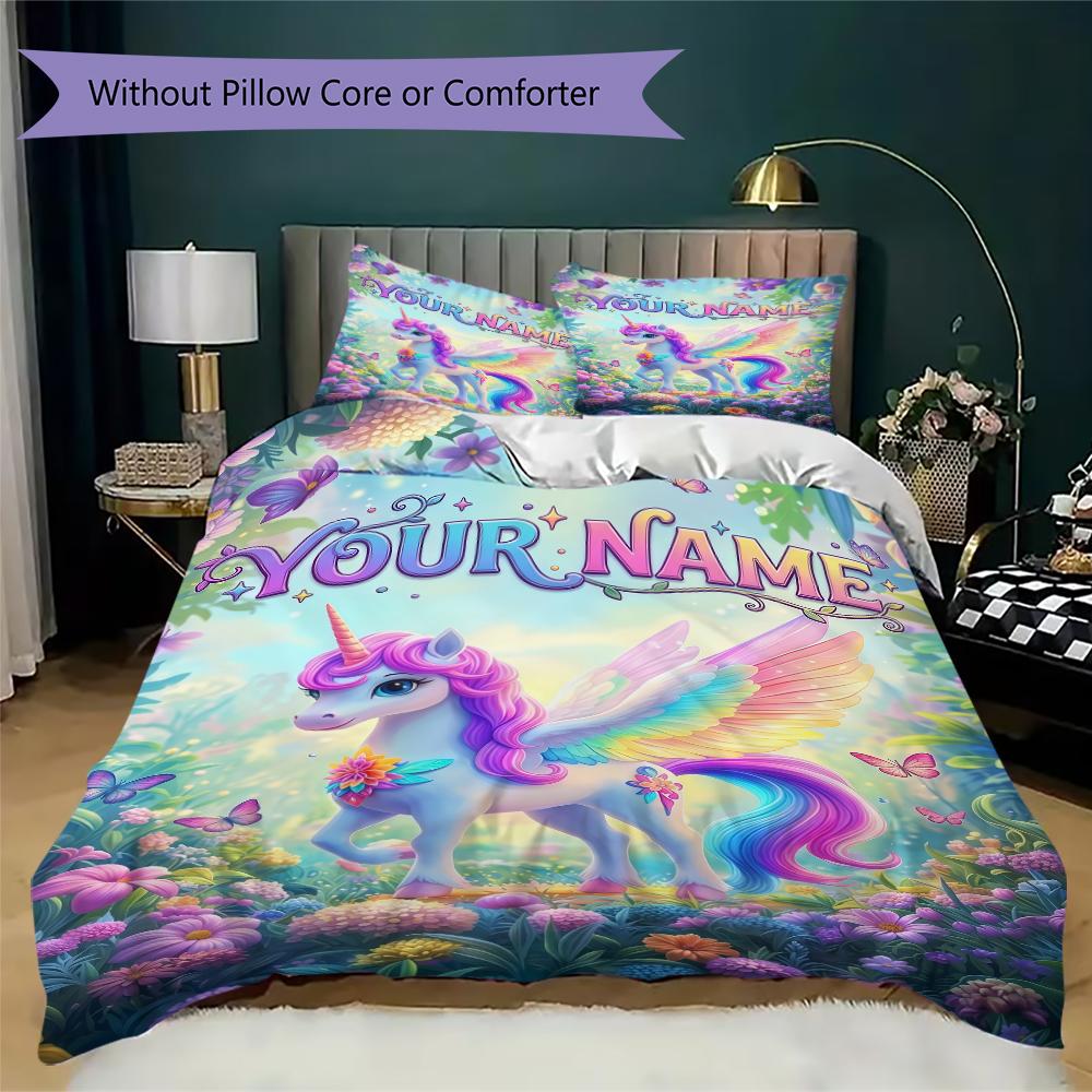 Custom Name Unicorn Fantasy Garden Bedding,Quilt Set Quilt Cover Pillowcase Home Birthday Gift(1 * Duvet Cover + 2 * Pillowcase, Without Core)_lx