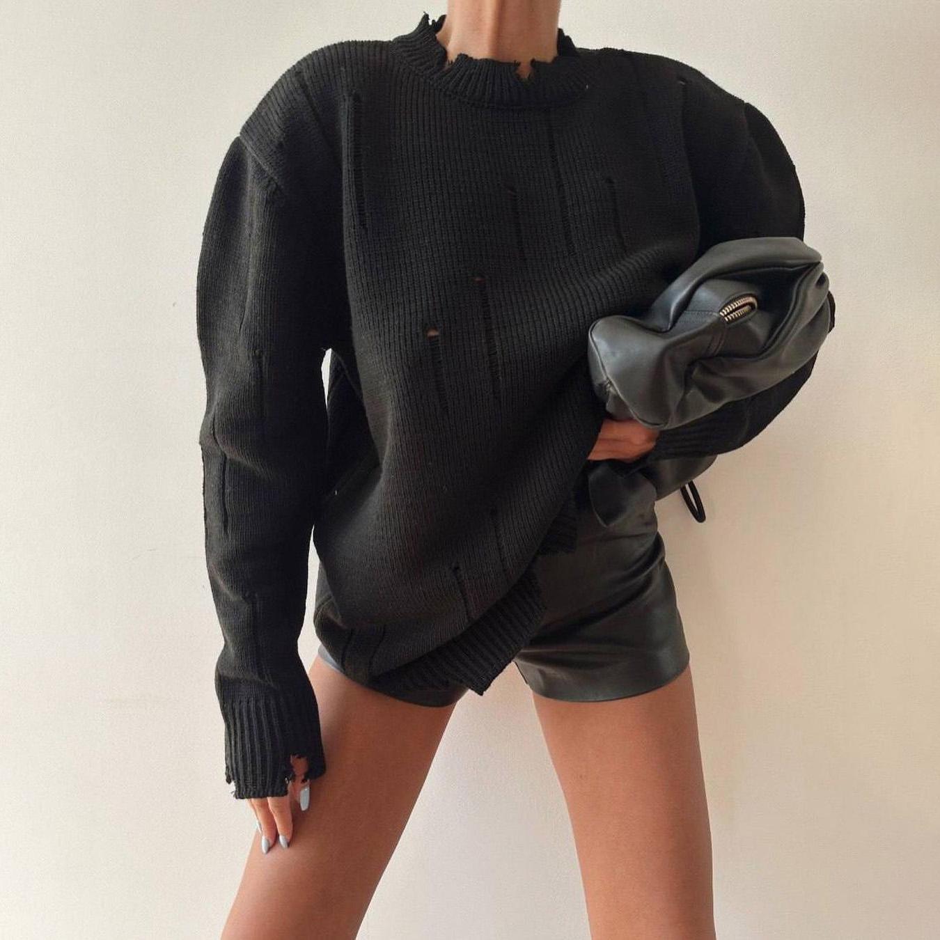 

Осень-зима Винтажный свободный топ с длинными рукавами Однотонный пуловер Трикотажная одежда Свитер с воротником-стойкой XL чёрный