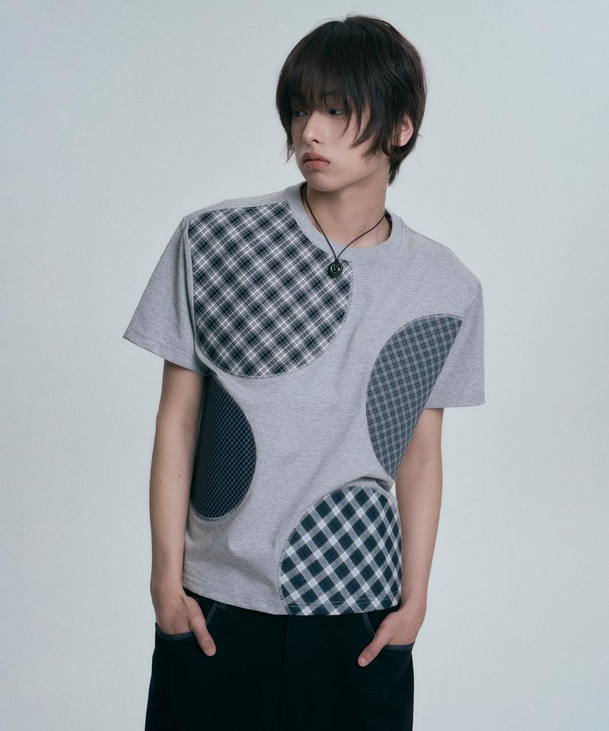 MOO Check Circle Patchwork Short Sleeve T-Shirt - Gray