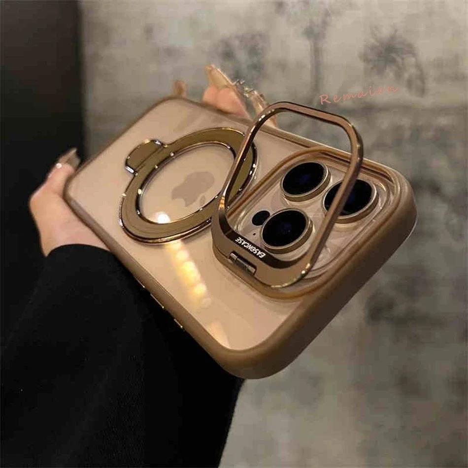 New Gold 16 Magnetic Glass Lens Stand Phone Case for iPhone 16 11 13 15 12 14 Pro Max 16 Plus Funda Magsafe Clear Cases Cover