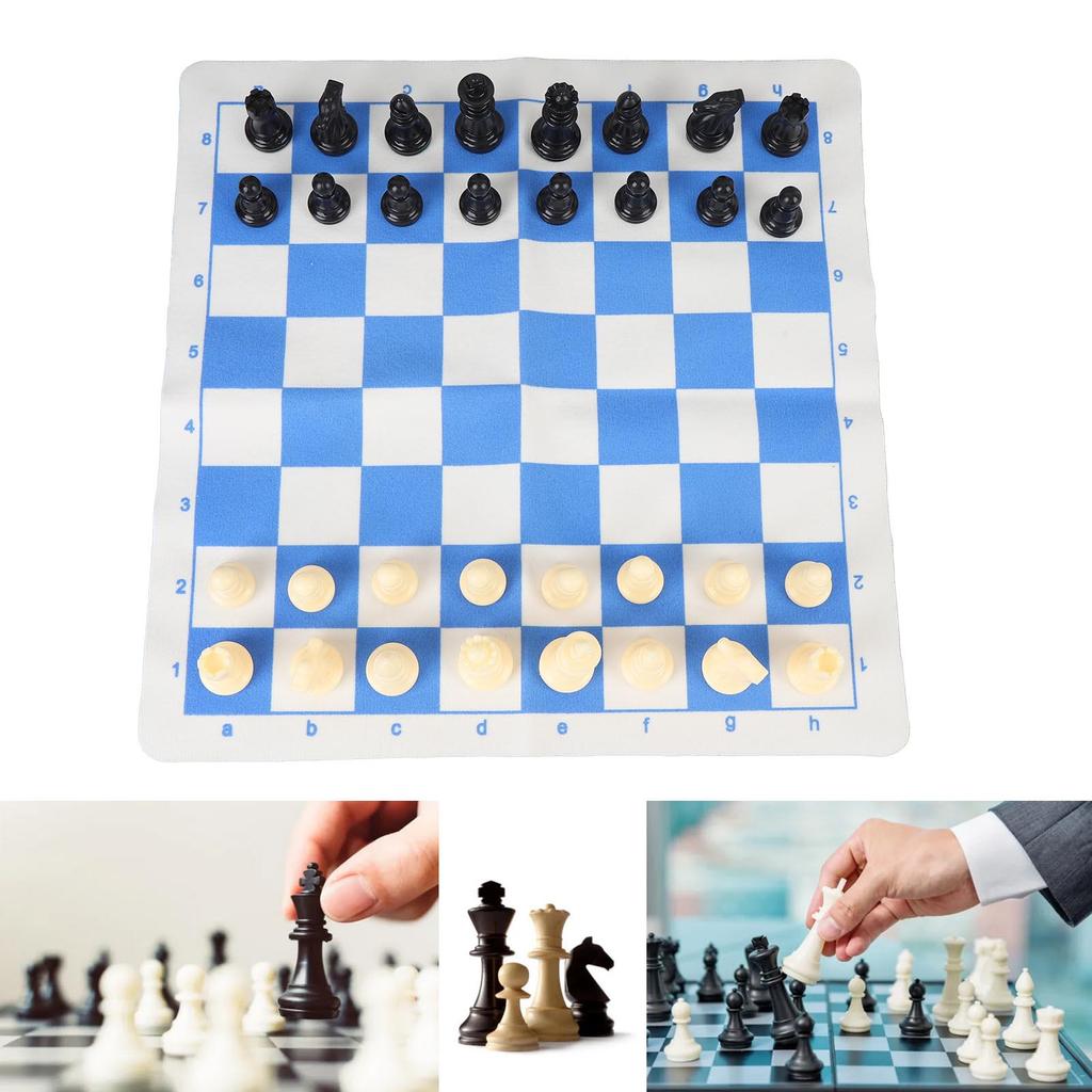 Chess Set Plastic Chess Pieces PU Blue White Chess Board Black Drawstring Pocket Chess Game Set for Travel Party