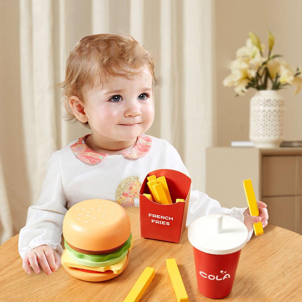 Wooden Play Food Set Pretend Hamburger Set Fast Food Toy Play Kitchen Accessories Early Educational Learning Toys Gifts For Kids