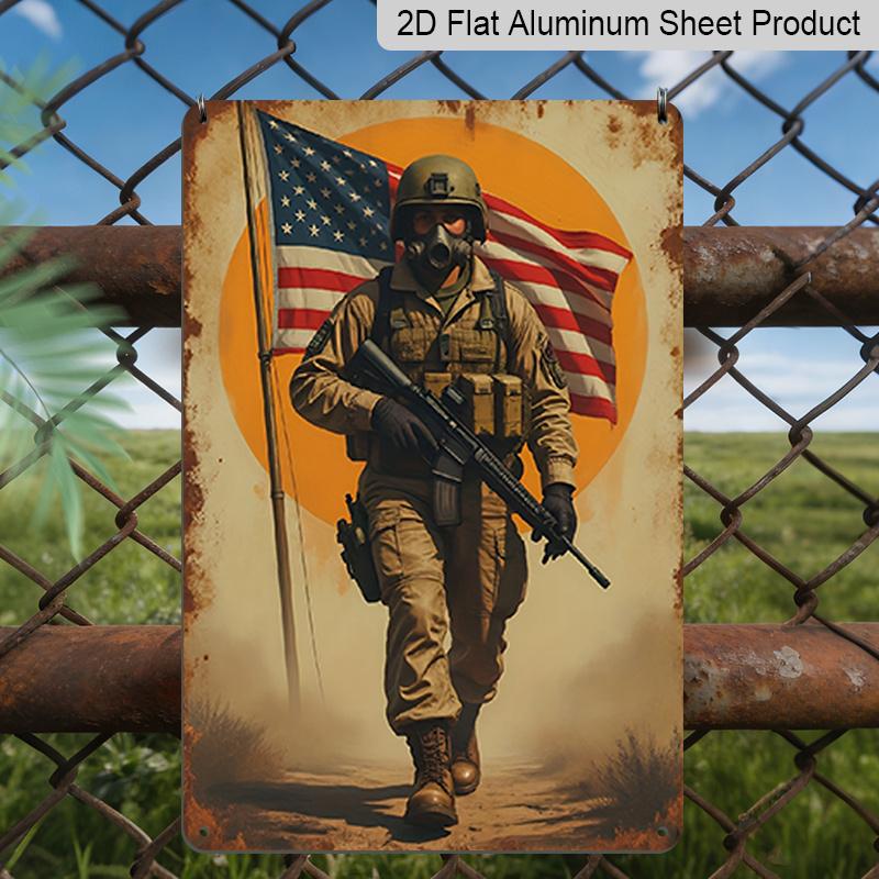 

2D Flat Decorative Aluminum Sign Plaque 1pc 8x12 Inch Sign with Message American Flag and Soldiers Perfect Room Decor for Veteran Room, Living 20*30cm