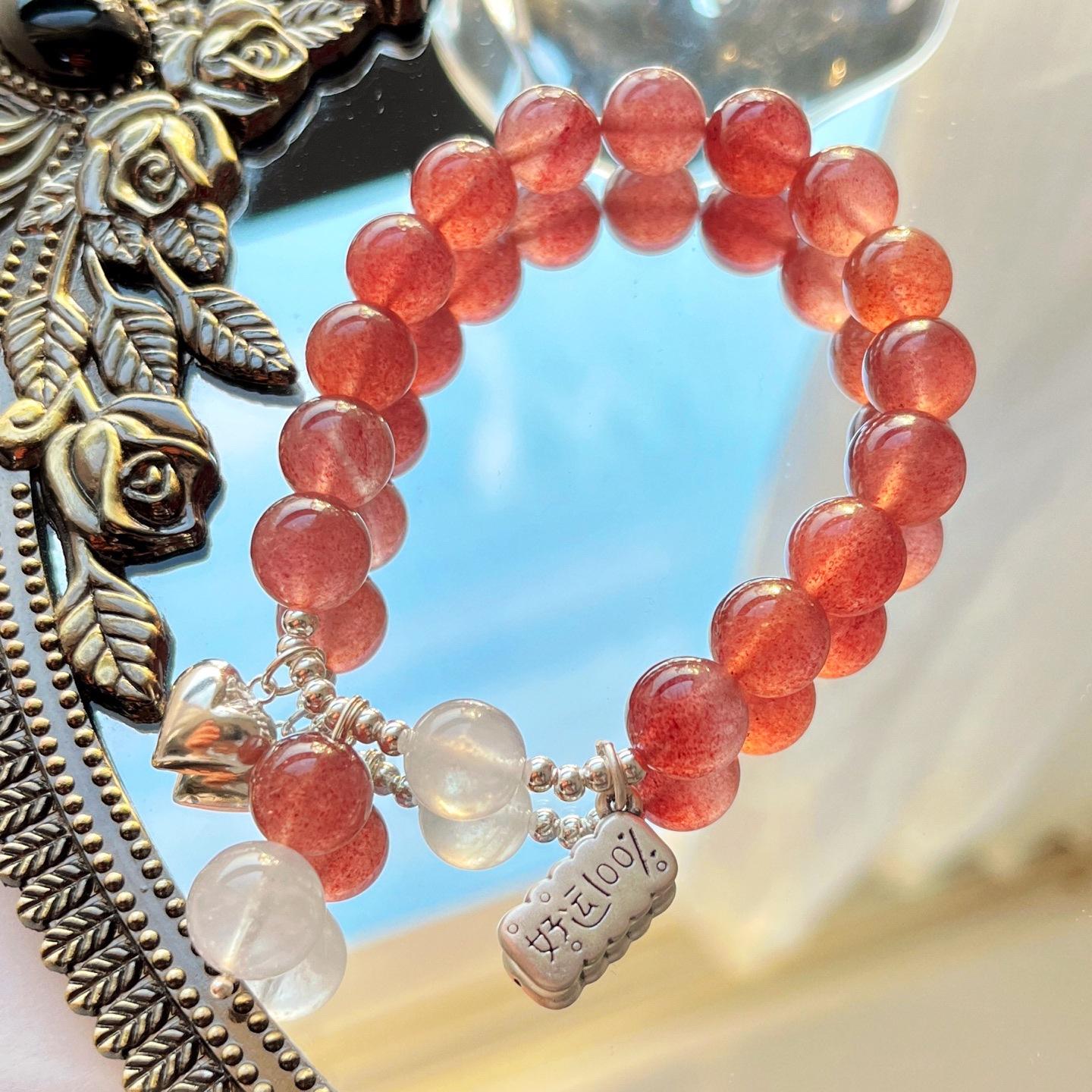 925 Silver 10Mm Pigeon Blood Strawberry Crystal Moonstone Bracelet Bracelet