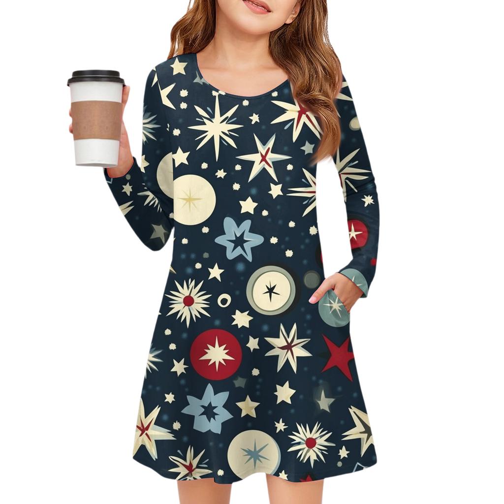 Christmas Day Girls' Long Sleeve Dress - Color Pocket Dress