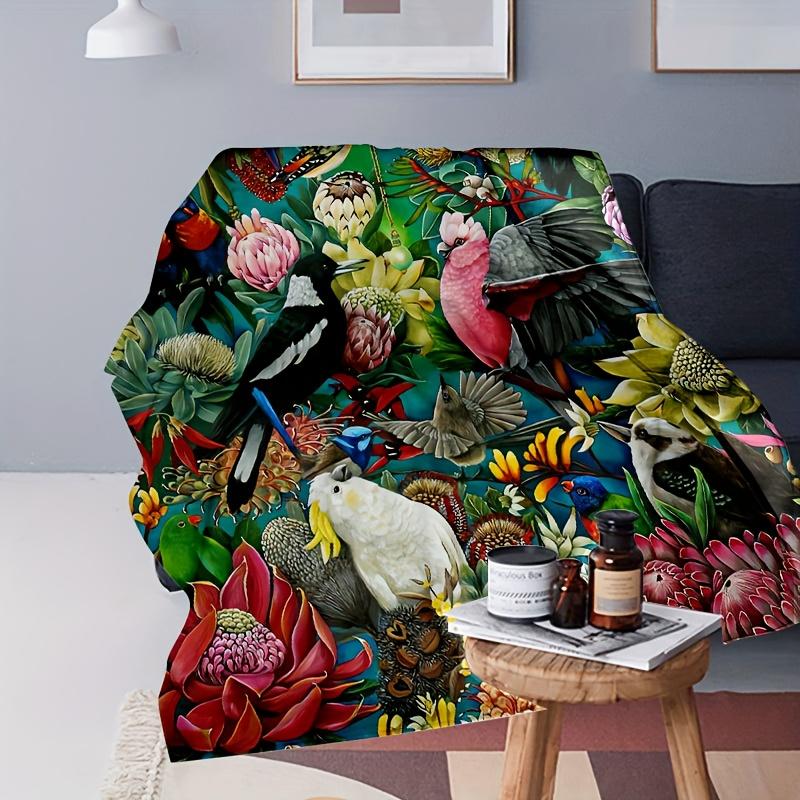 Floral Parrot Print Flannel Throw Blanket Soft Cozy Fleece for Sofa Bed Travel Camping Living Room All Season Decor Gift