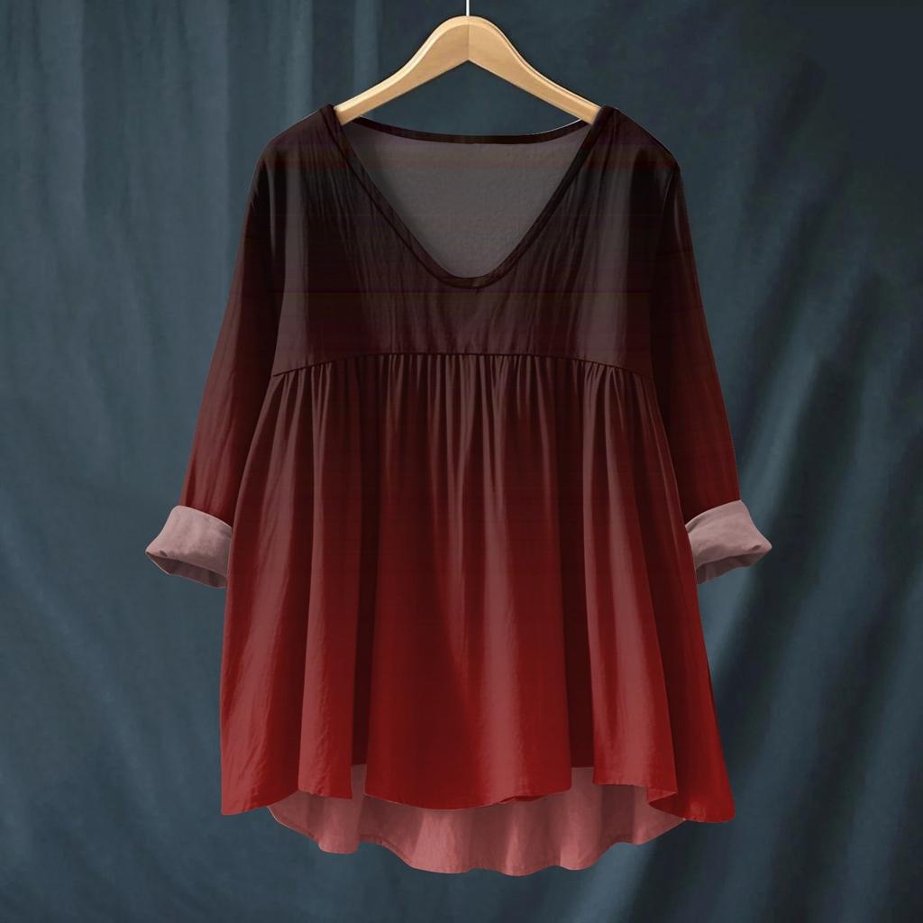 Women's Fashionable And Casual Shirt Long-sleeved V-neck Print Cotton And Linen Blouse