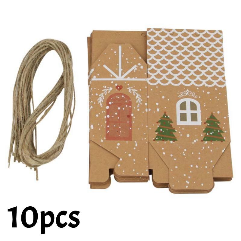 

20/10pc Christmas Candy Box House-shaped Kraft Paper Gift Bag for Cookie Pack with Twine Festival Party Favors Xmas Tree Decor as picture