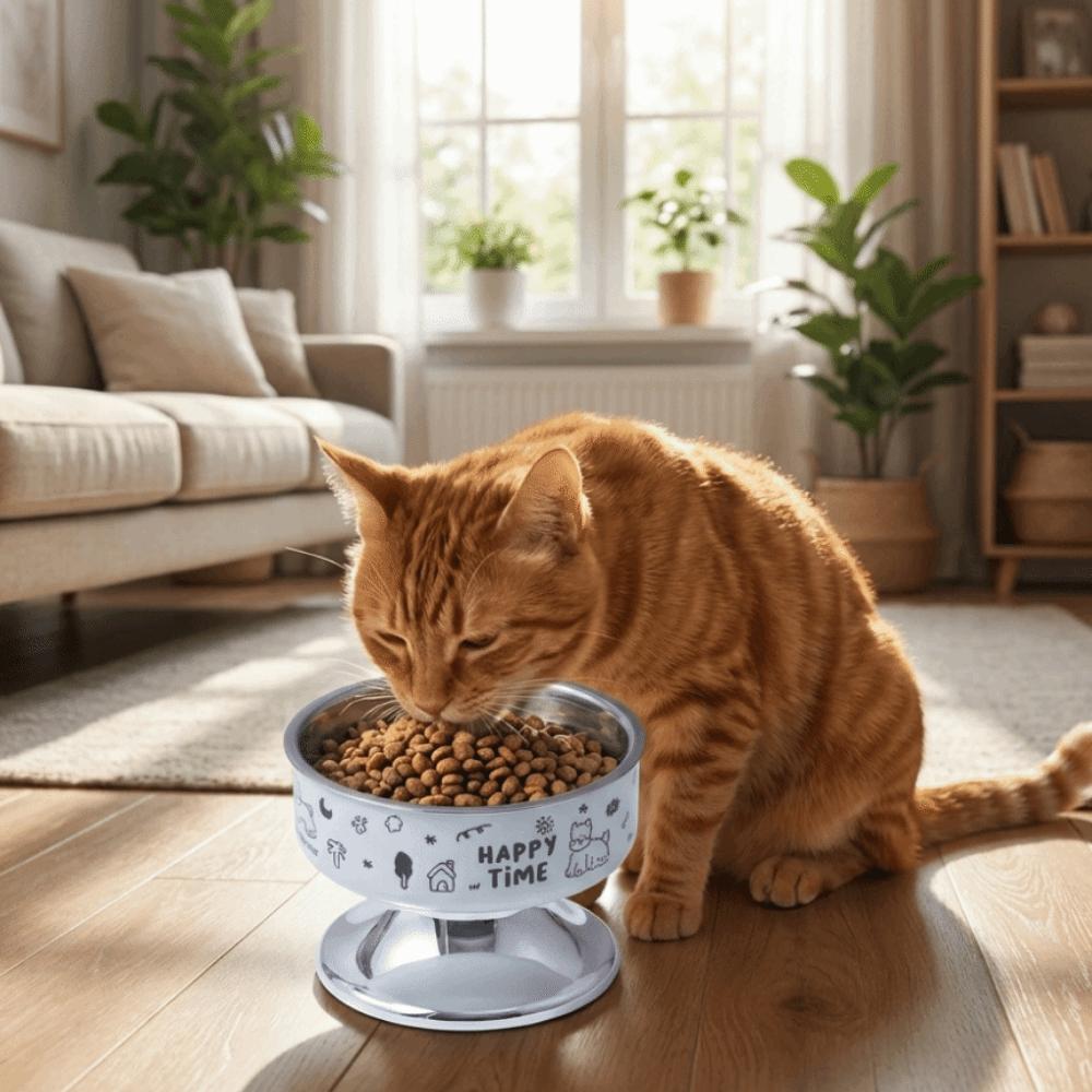 Stainless Steel Pet High Foot Bowl Cartoon Pet Food Bowl Cute Elevated Cat Bowl  Pet Accessories