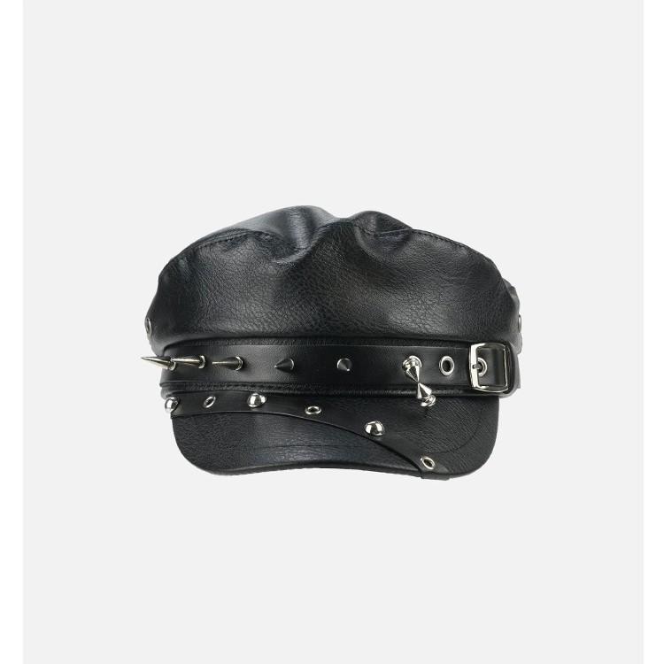 Niche tmavý punkový styl nýtovaný baret z PU kůže dámská osobnost horká dívka kožená přezka retro pouliční osmihranný klobouk trend