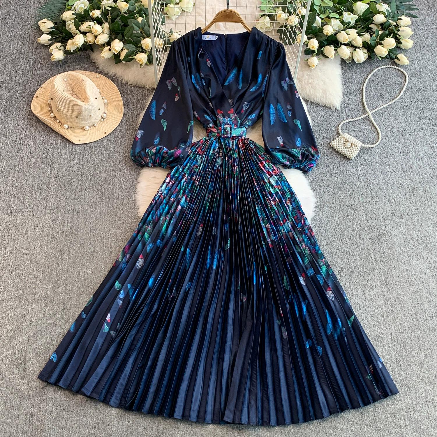 

Весна Осень Женские Платья с Цветочным Принтом для Подиума V-образный вырез Большой Подол Длинное Макси Плиссированное Праздничное Платье с Поясом M темно-синий