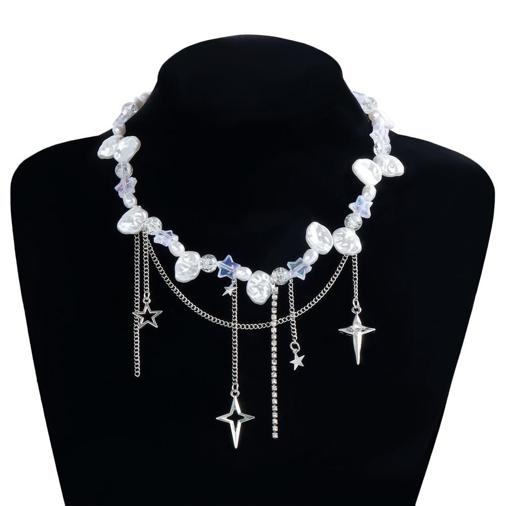 Pearl Necklace Layered Star Drop With Geometric Design For Women