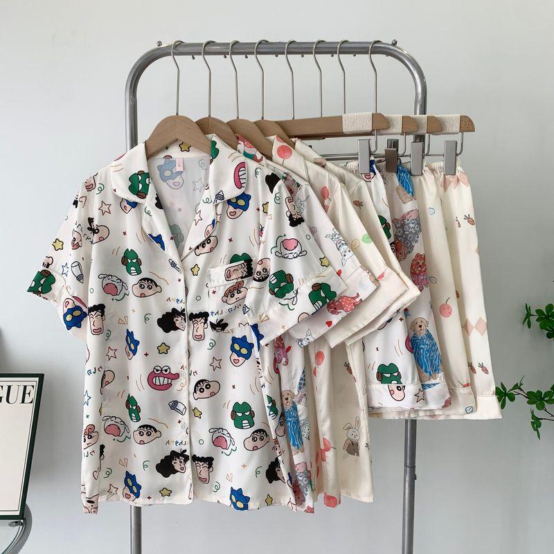 Japanese Cute Cartoon Pajamas 2025 New Two-Piece Suit Homewear Can Be Outwear Silk Pajamas Short-Sleeved Shorts