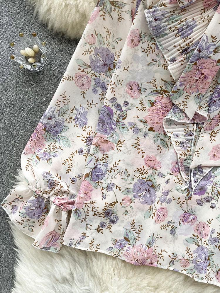 Damen Frühlingsbluse Elegantes Hemd mit Schleifenkragen Patchwork Plissierter Rüschenrand Slim Fit Oberteile Französischer Stil Puffärmel Lässige Bluse