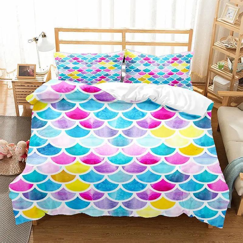 Comforter Mermaid Fish Scales Magical Colorful Seamless Pattern With Fish Scale Net Print Bedding Set Microfiber