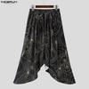 INCERUN Men Elastic Waist Print Ruffled Splits Bohemia Holiday Irregular Long Skirts