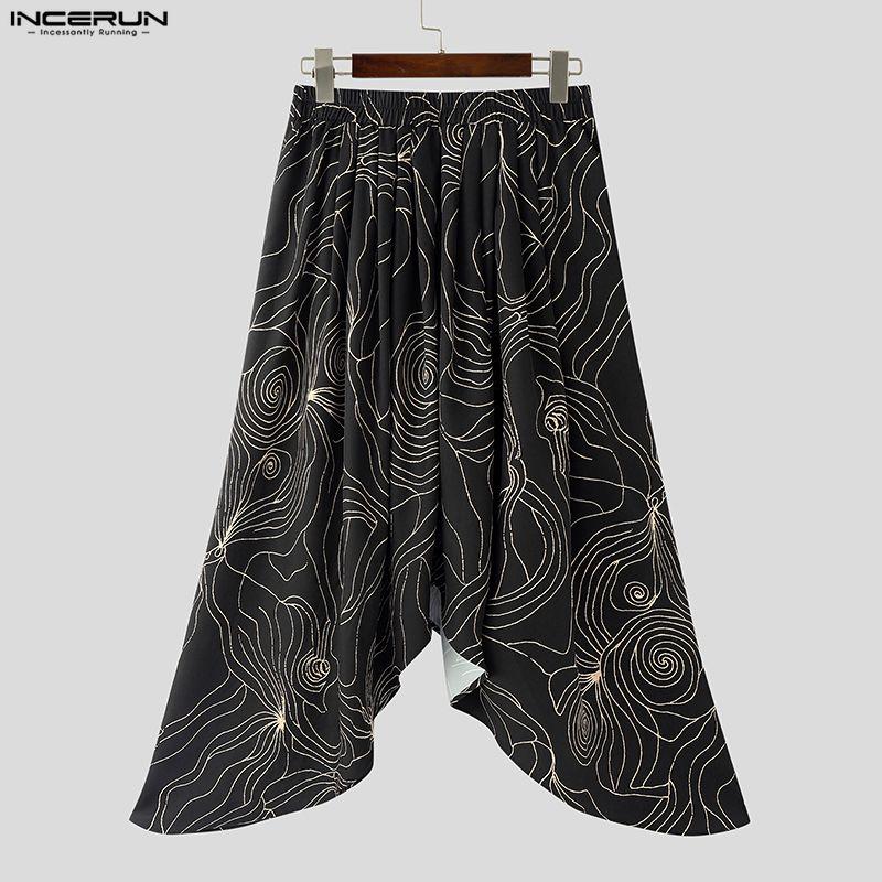 INCERUN Men Elastic Waist Print Ruffled Splits Bohemia Holiday Irregular Long Skirts