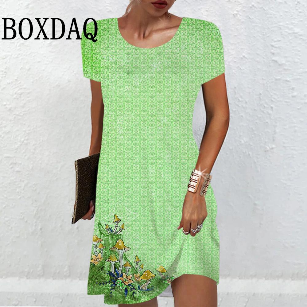 Summer Vintage Floral Print A-Line Dress Women Fashion Plus Size Short Sleeve Mini Dress Casual Retro Loose Female's Dress 2025