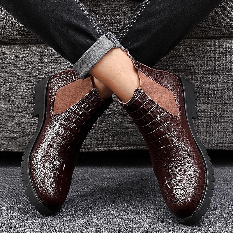Mens Boots High Quality Men Chelsea Boots Autumn Winter Ankle Boots Plush Warm Outdoor Snow Shoes Crocodile Pattern Casual Shoes