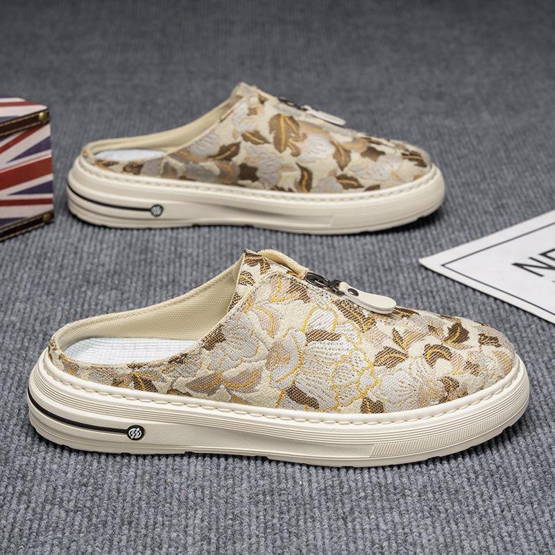Trendy Canvas Half Slippers Mens  Summer New Comfortable Breathable Casual Shoes Fashionable One-Pedal Cloth Shoes Men