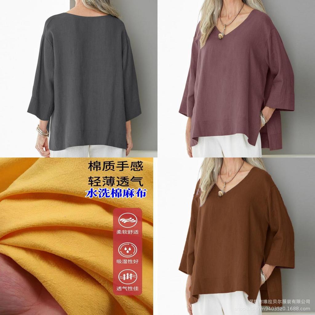 Vintage Art Style Cotton Linen Shirt With V Neck And Side Slits For Casual Wear