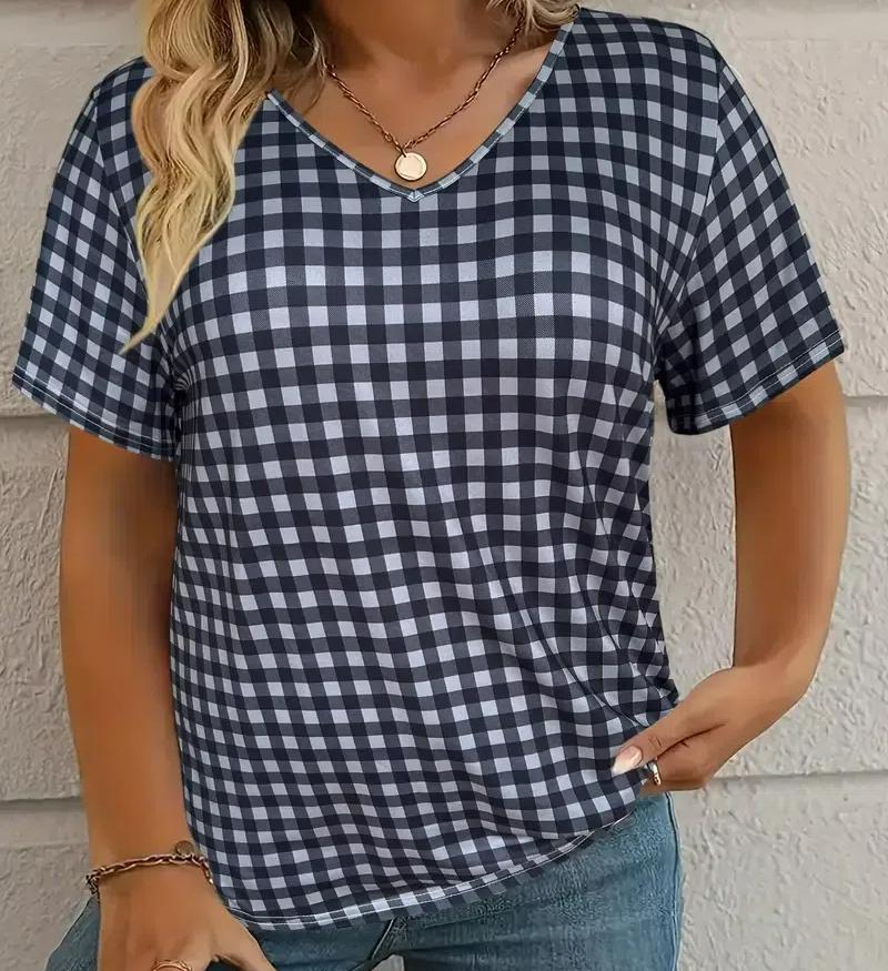 S-8XL Plus Size Women's T-shirt Plaid Pattern Print Summer Casual Short Sleeve Tops Tees Outdoor Fashion Loose Oversize Clothing