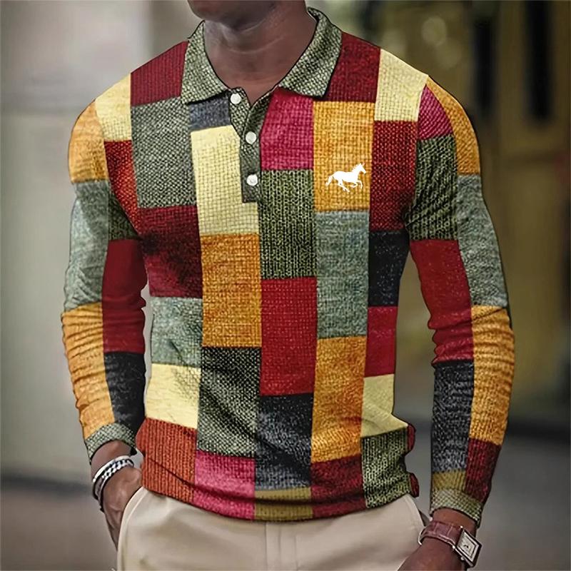 

Men s Long Sleeve Polo Shirt with Color Block Digital Print, Comfortable and Casual for Spring and Autumn Wear 3XL