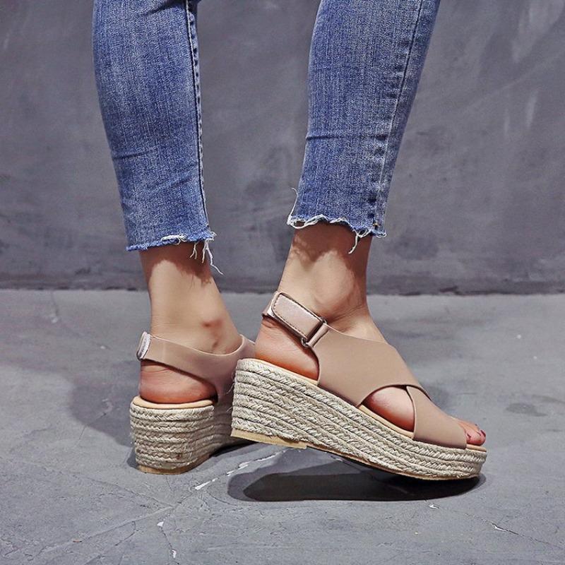 Women's Wamped Sandals Straw-knitted Rope Open-toe Roman Shoes Cross Fish Mouth