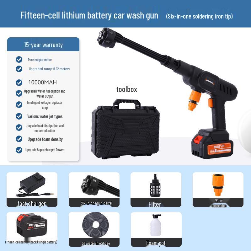 Portable Wireless Lithium Battery Car Washer: 10-Setting High-Pressure Water Gun with Six-in-One Head