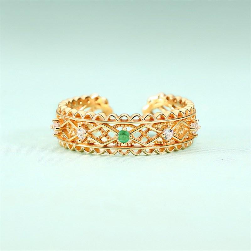 Yin Taifei Romantic Natural Emerald Lace Floral Adjustable Gold-Plated Copper Ring Adjustable Open Size