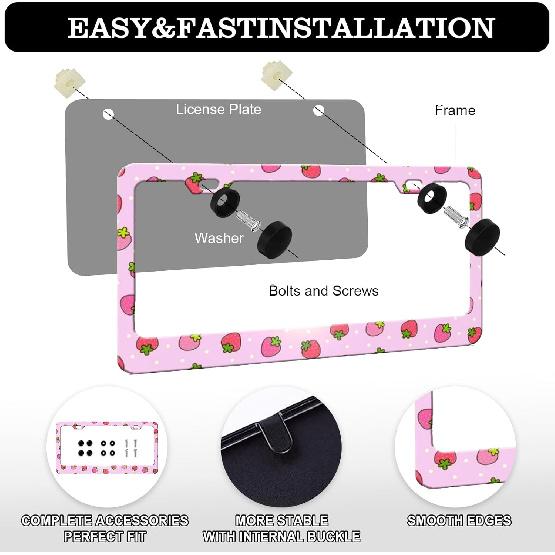 Cute Pink Strawberry License Plate Frames Holder - 2 Pack Fruit Pattern License Plate Holder Universal Aluminum Metal Rust-Proof Waterproof Car