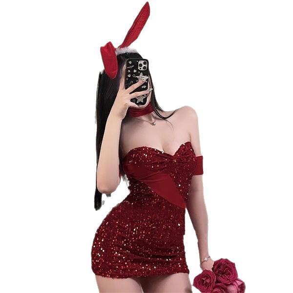 Dengmi Velvet Bunny Girl Sequin Lingerie - Red Strapless Christmas Dress for Women