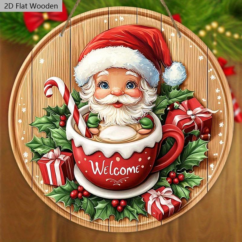Świąteczny drewniany znak z gorącą czekoladą i wzorem Świętego Mikołaja - Powitalny znak Navidad na drzwi wejściowe, dekoracja do zawieszenia na ścianie - Idealna ozdoba świąteczna
