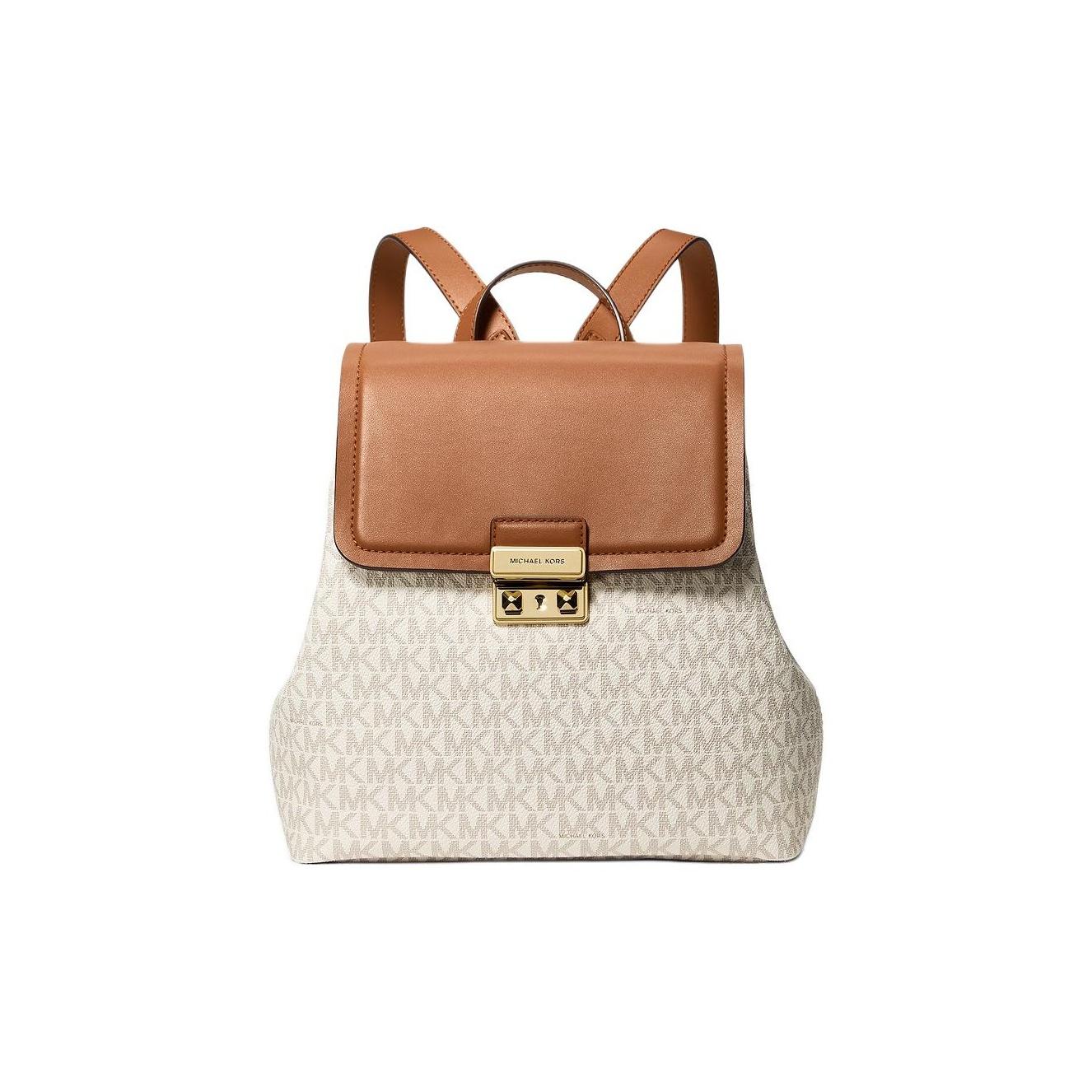 Michael Kors MK Tribeca Logo Print Coated Canvas Backpack Small Women backpack Cream Brown 30F5G2RB1B-VANILLA/ACORN Basic Set (Bag+Dust Bag)