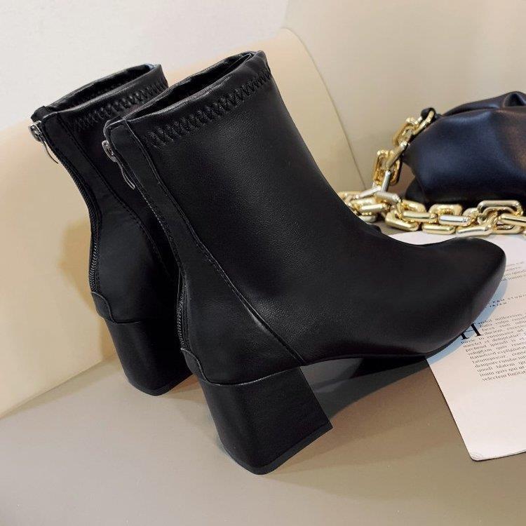2021 Women's Square Toe Chunky Heel Martin Boots with Back Zipper - European & American Winter Style