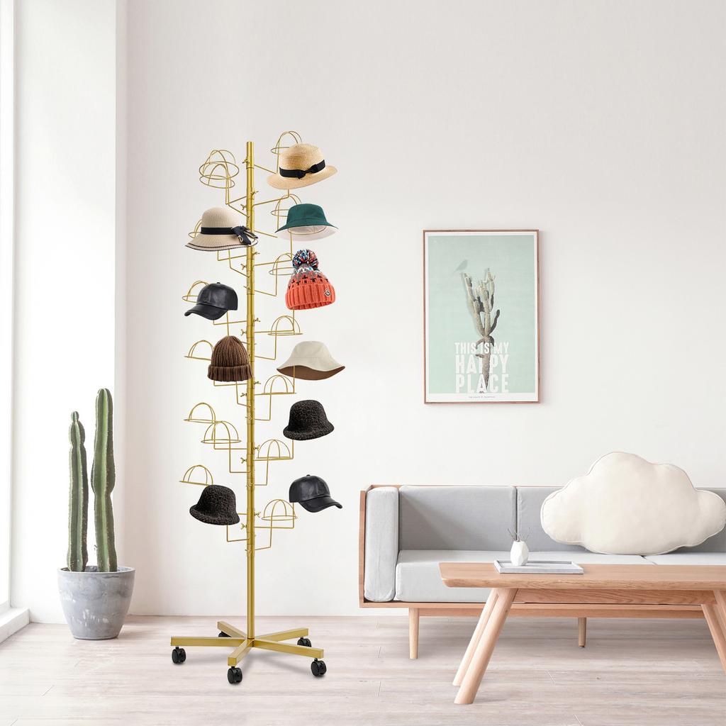 Espositore per cappelli in metallo, Supporto per riporre cappelli con 25 ganci, Espositore per cappelli autoportante - Oro