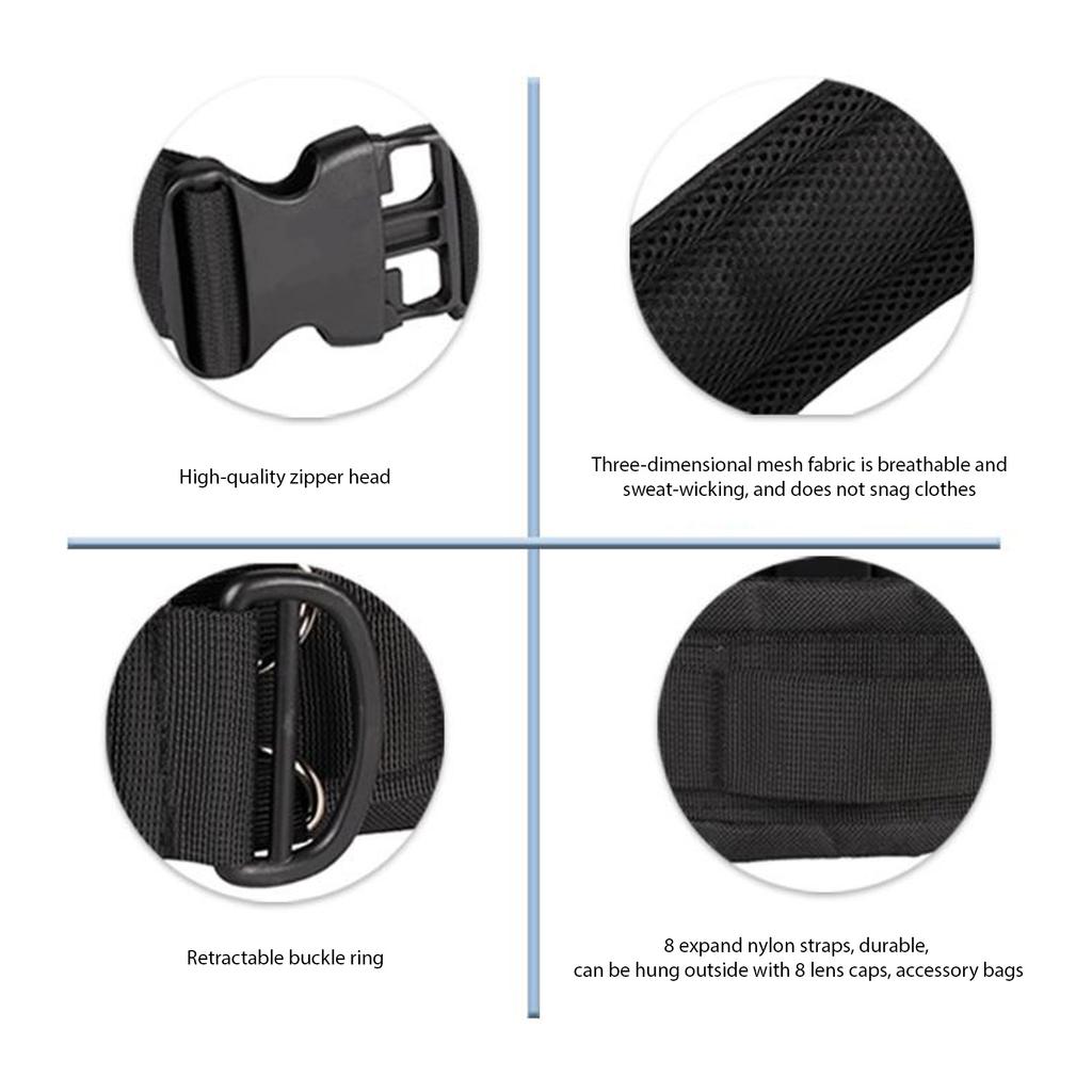 Outdoor Photography Waist Belt with 8 D Rings 8 Trouser Loops for Hanging Tripod Flashlight Water Bottle