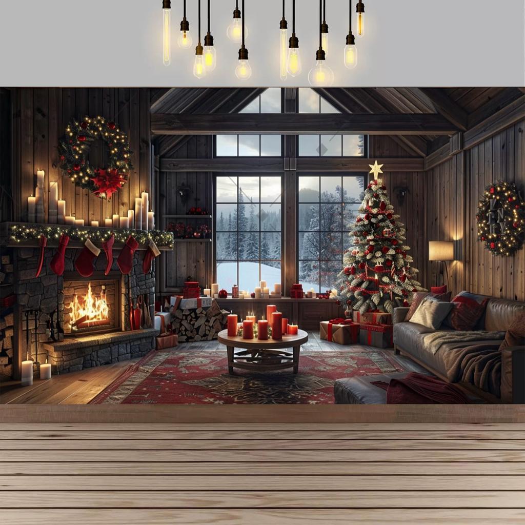 Christmas Red Curtain Decoration Backdrop Winter Snow Scenery Fireplace Santa Claus Photography Backdrop Holiday Party Supplies