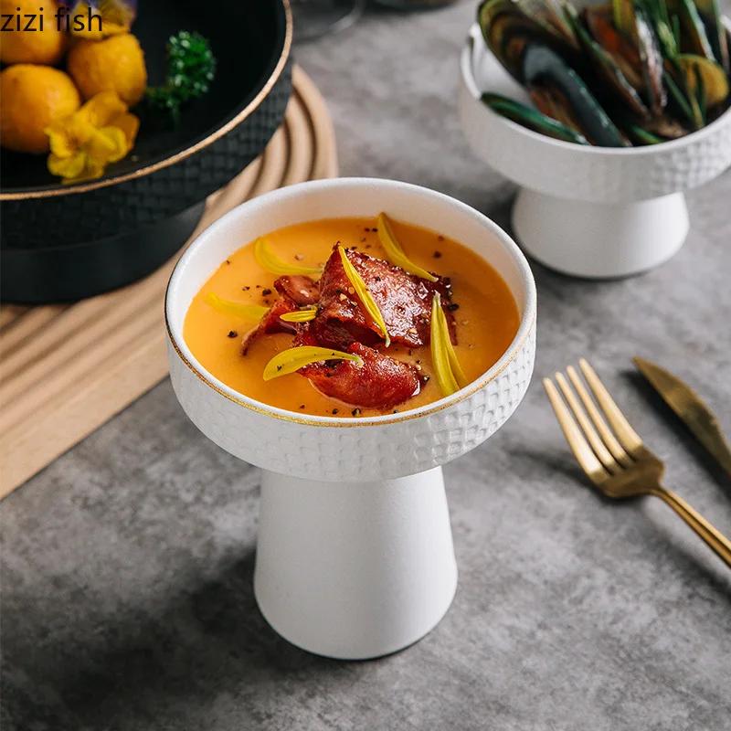 Round Ceramic Pasta Steak Plate Salad Bowl Soup Basins Cooking Plate Kitchen Solid Color Tableware High Foot Snack Desserts Tray