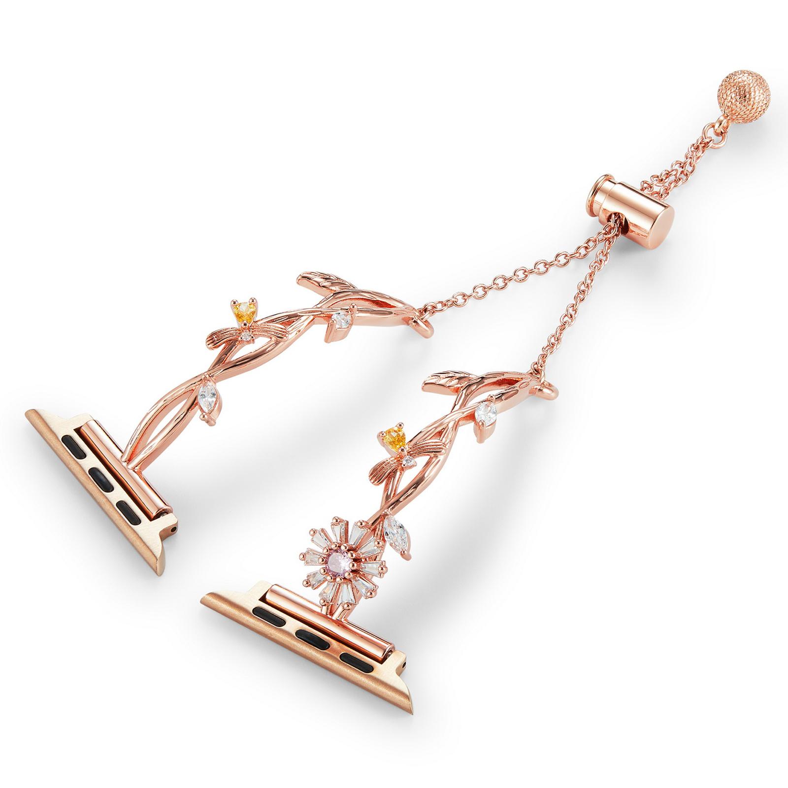

For Apple Watch 10 46mm/Ultra 2/Ultra 49mm/9 8 7 45mm/SE (2023) SE (2022) SE 6 5 4 44mm/3 2 1 42mm Zinc Alloy Watch Band Flower Bangle Bracelet Rose Gold