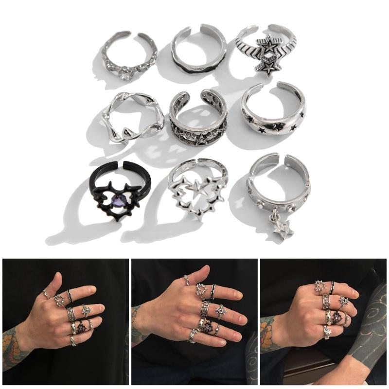 Set di 9 anelli gotici argentati per donna uomo accessori punk grunge con spine con teschi, cuori, serpenti e rane