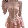 Summer new ballet lace suspender dress women's lace-up long-sleeved T-shirt blouse temperament two-piece set