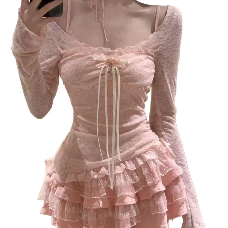 Summer new ballet lace suspender dress women's lace-up long-sleeved T-shirt blouse temperament two-piece set