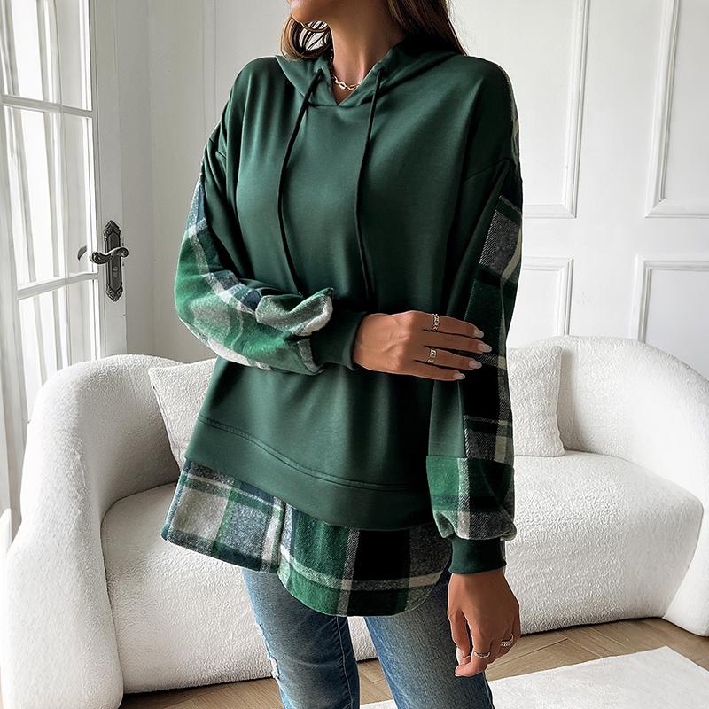 Női Tavaszi Őszi Kontrasztos Színű Alkalmi Álszakított Kétrészes Összevarrt Kapucnis Hosszú Ujjú Pulóver Kapucnis Felső