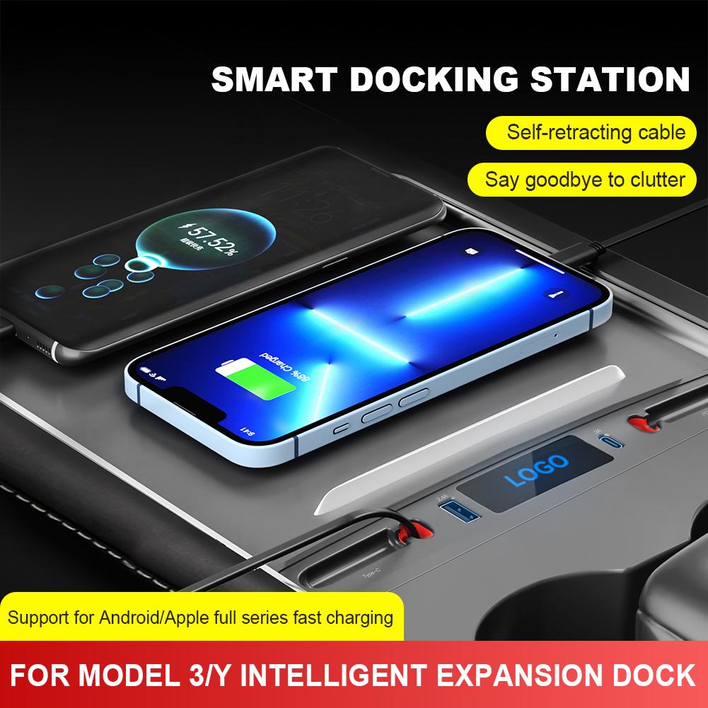 

For Tesla Model 3 Y 27W PD Type C Quick Charger USB Shunt Hub Intelligent Docking Station Car Adapter Powered Splitter Extension