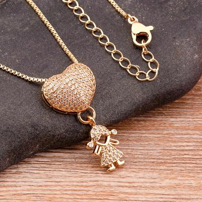 

Nidin Fashion Son Daughter Romantic Heart Cubic Zirconia Family Girl Boy Pendant Necklace Copper Chain Jewelry For Mother Gift